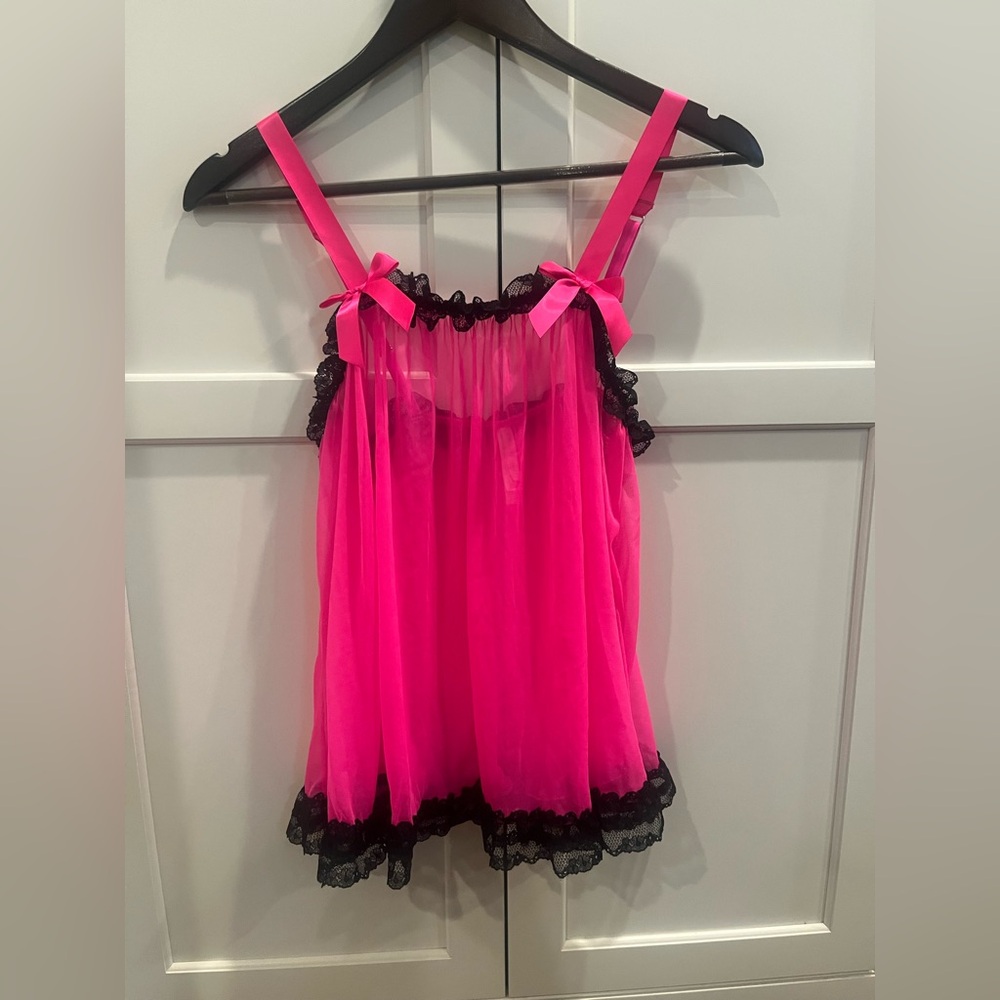 Victoria's Secret Pink & Black Babydoll Lace Nightie Lingerie Top Sheer Sz..M